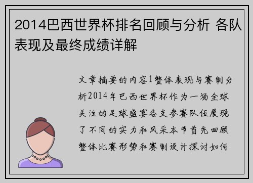 2014巴西世界杯排名回顾与分析 各队表现及最终成绩详解